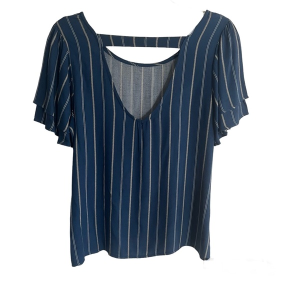 ηεω twenty second Pin-Stripe Open-Back Flutter-Sleeve Lightweight Scoop-Neck Top - Picture 10 of 11
